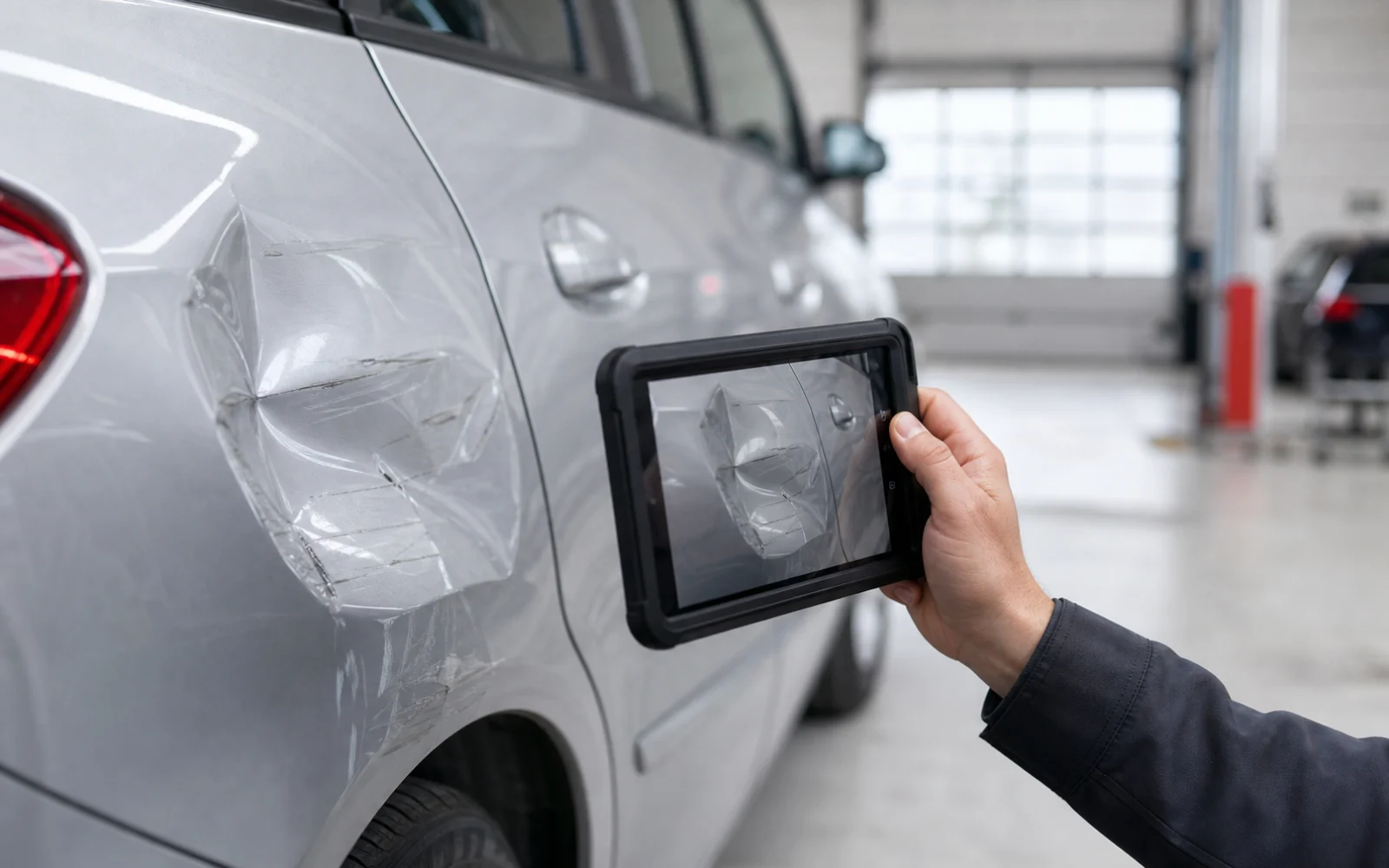 Detailaufnahme einer Schadendokumentation am Fahrzeug
